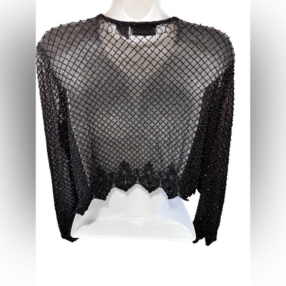 VTG Scala 100% Silk Beaded Short Bolero Jacket Scalloping L Black Formal Wedding - Picture 6 of 11